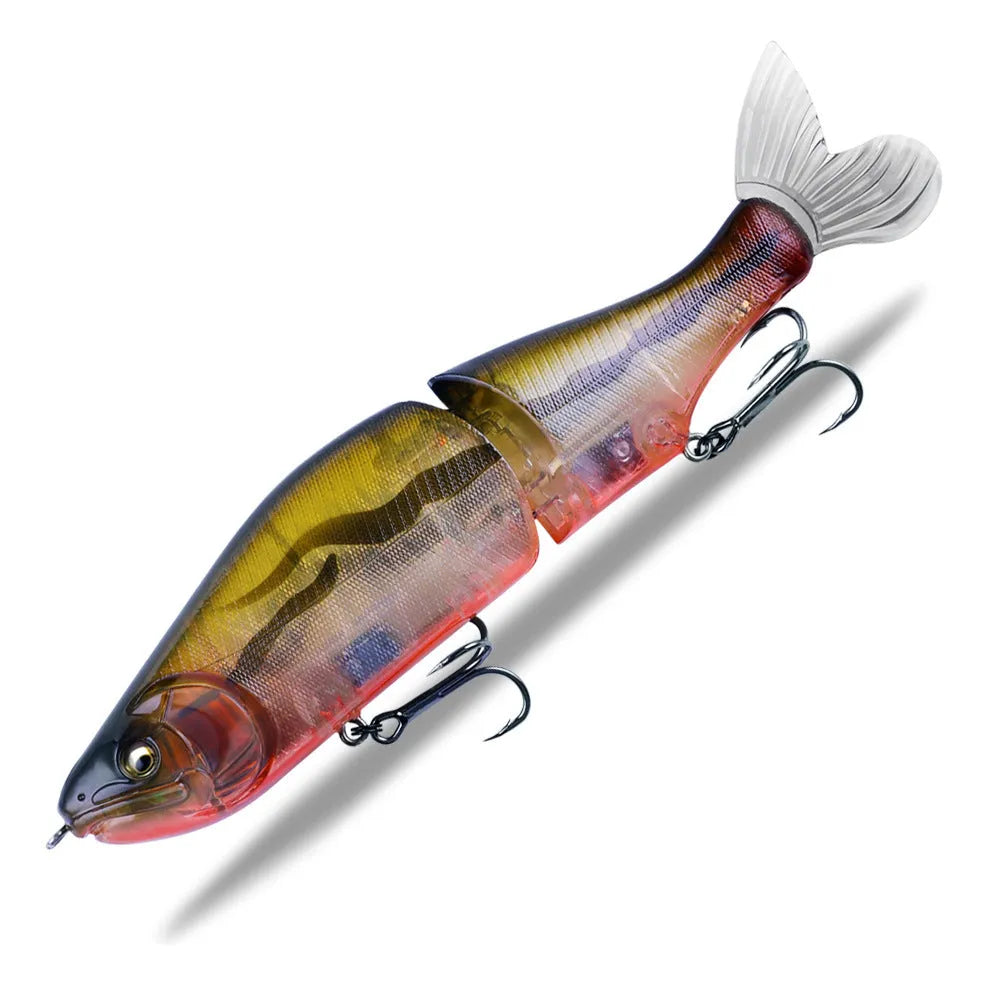 A 185mm hard plastic fishing swim bait in a natural green colour with detailed scales and 3D eyes.