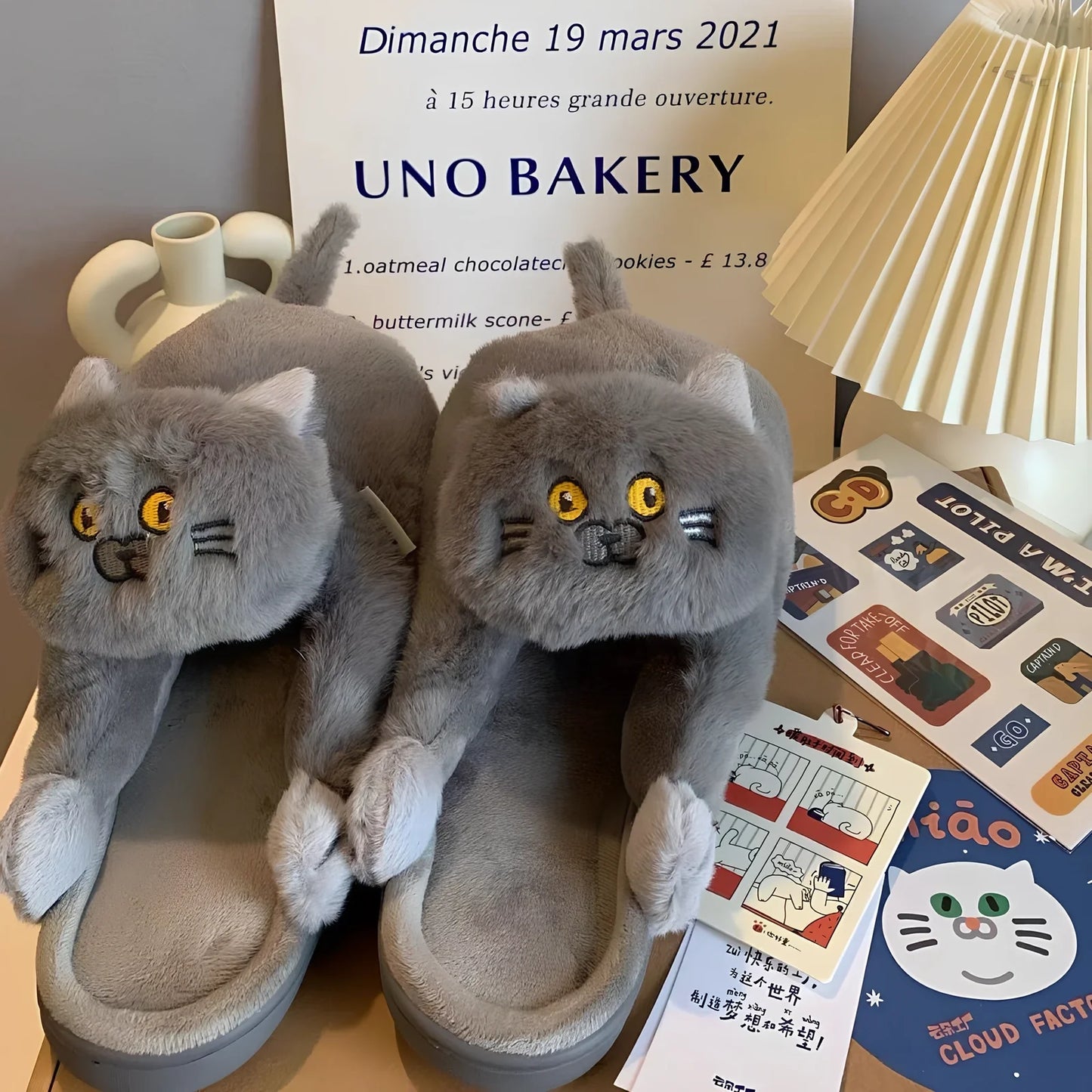 Blue cat pattern cotton slippers with 1.5cm heel and non-slip soles for UK sizes 35-43