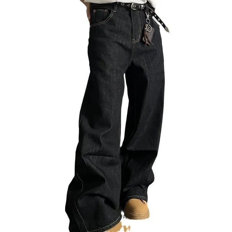 Black retro loose wide-leg jeans with straight-leg design and mid-rise waist