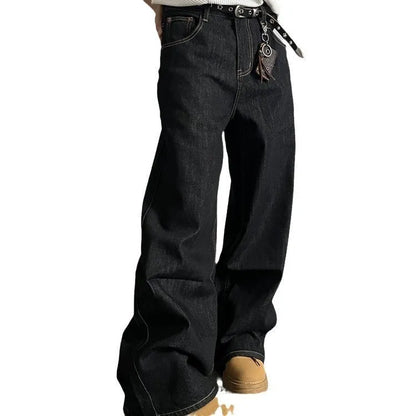 Black retro loose wide-leg jeans with straight-leg design and mid-rise waist