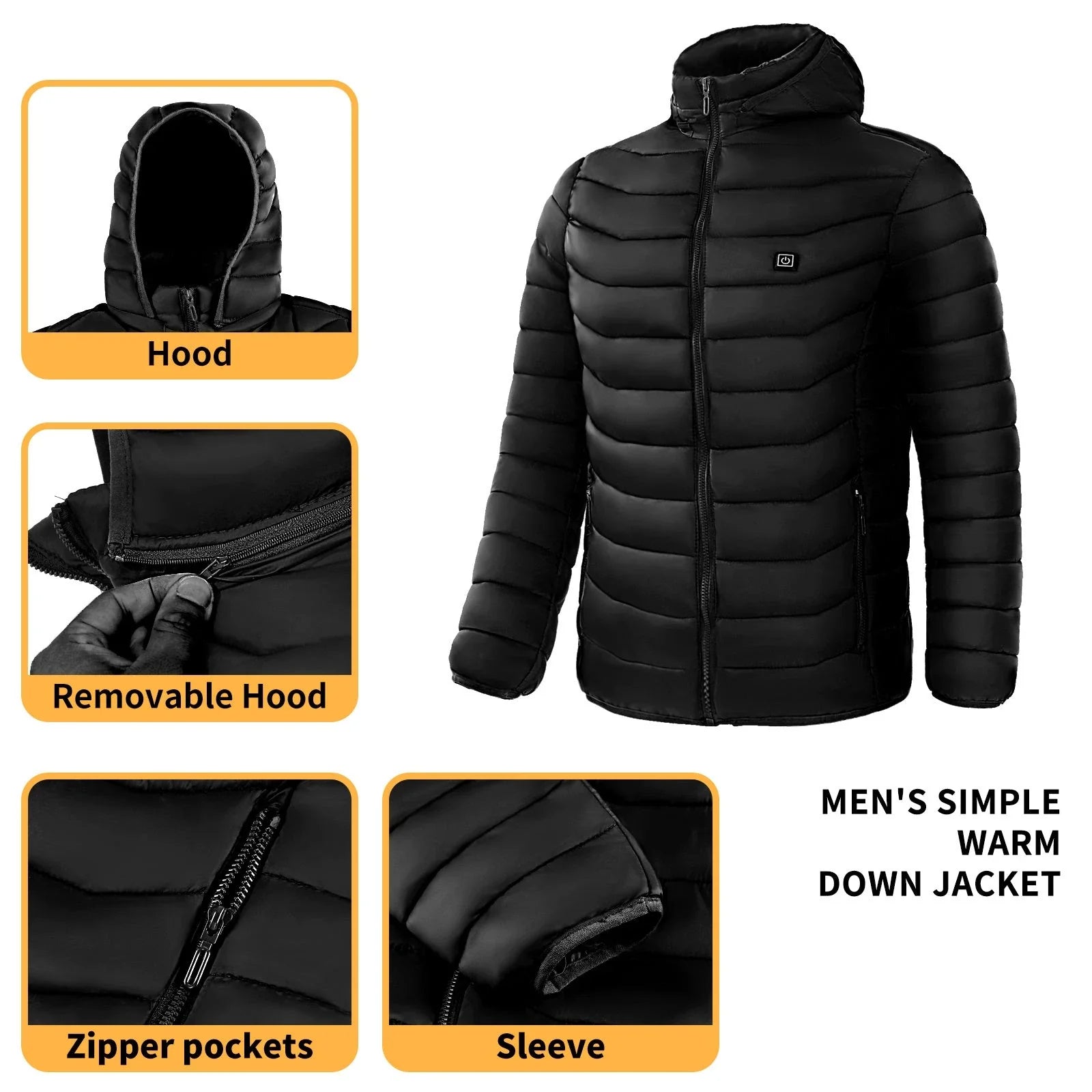 Men's heated puffer jacket with electric heating technology for skiing and outdoor activities