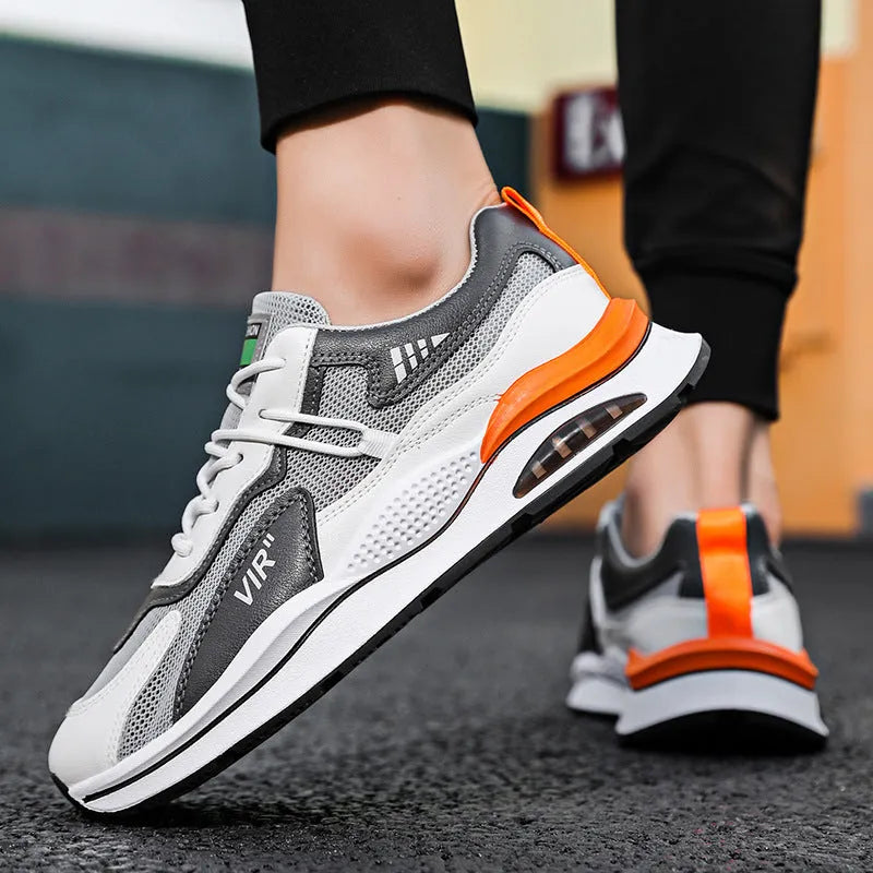 Men's gray and black mesh running shoes with EVA sole and round toe design