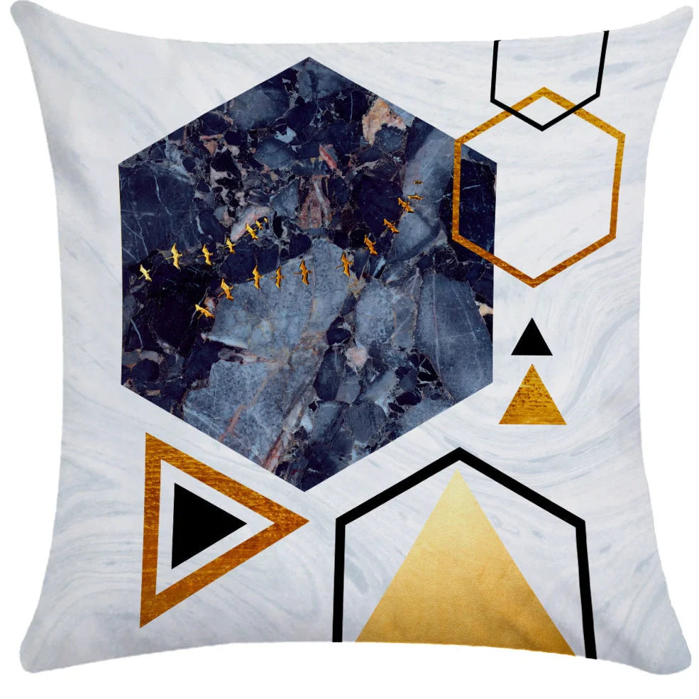 Geometric pattern throw pillow on office sofa showing 45x45cm size with ultra-flexible printing