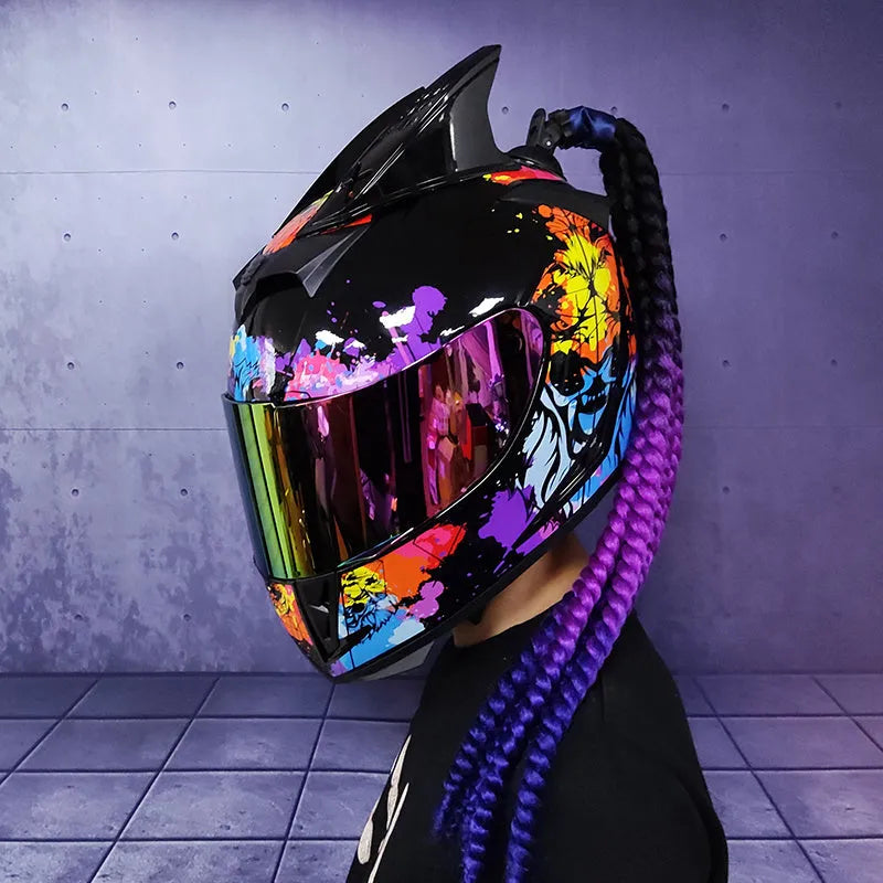 Couples' Dirty Braids full-face motorcycle helmet in ABS construction with graphic design options