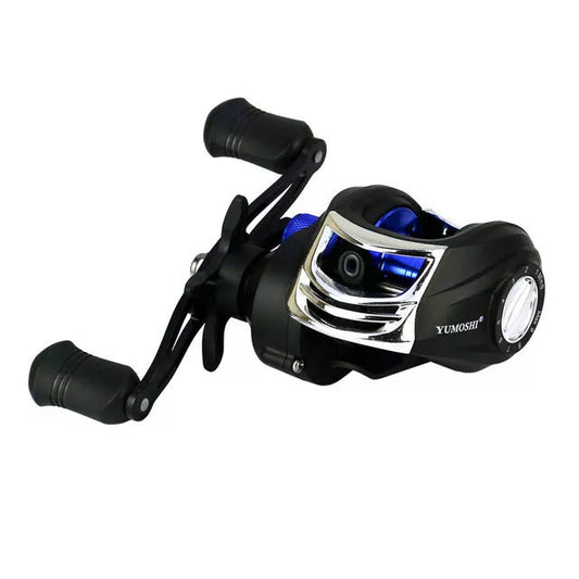 YUMOSHI AK Series Fishing Reel with magnetic brake system in black and red