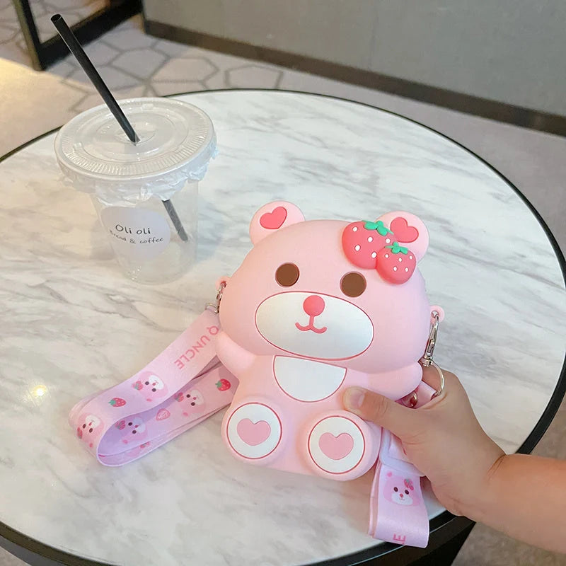 Children's silicone strawberry bear shoulder bag with zipper closure