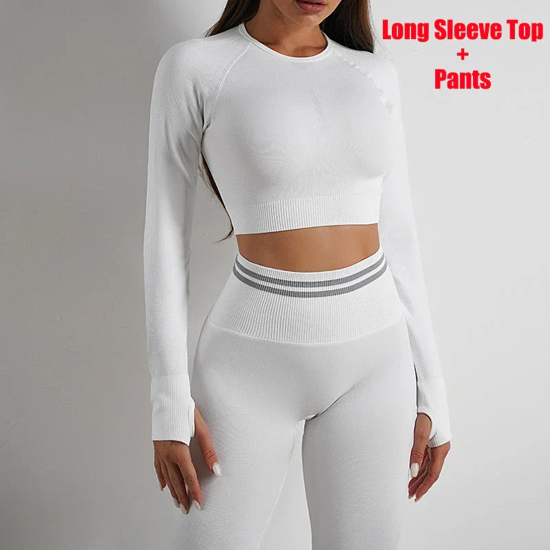 Seamless yoga leggings and long sleeve workout tops in various colors and styles