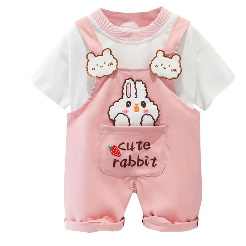 Baby cotton overalls for summer, Korean-style cartoon short-sleeved romper suit in yellow, pink or khaki, available in sizes 70cm to 110cm for children's boys and girls clothing