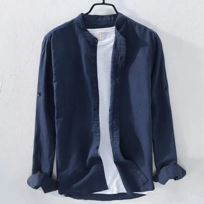 Loose fit long sleeve casual shirt in cotton linen fabric, shown in a solid colour.
