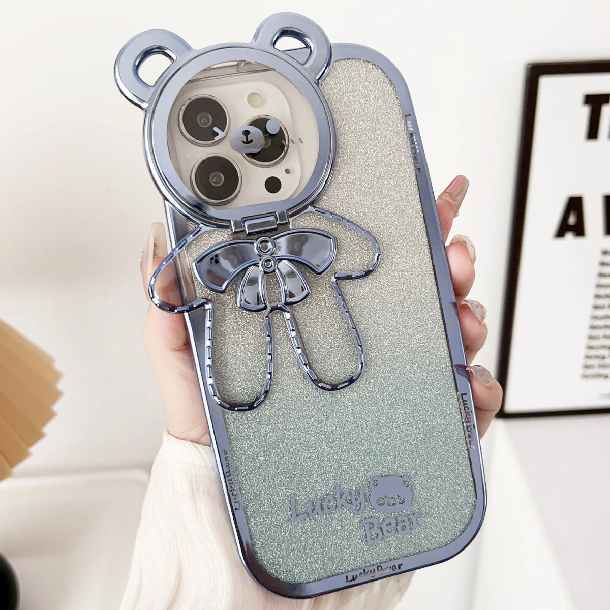 Electroplating glitter phone case with lucky bear bracket and crossbody bag element in Dark Night Purple, Gold or Pink