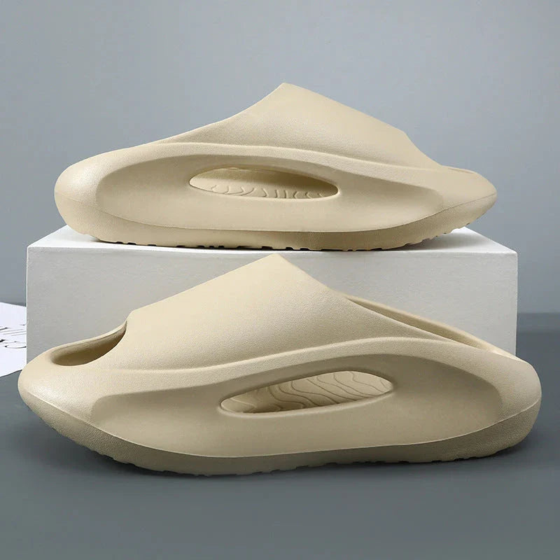 Stylish unisex beach slippers with peep-toe design in various colors including black, white, and khaki