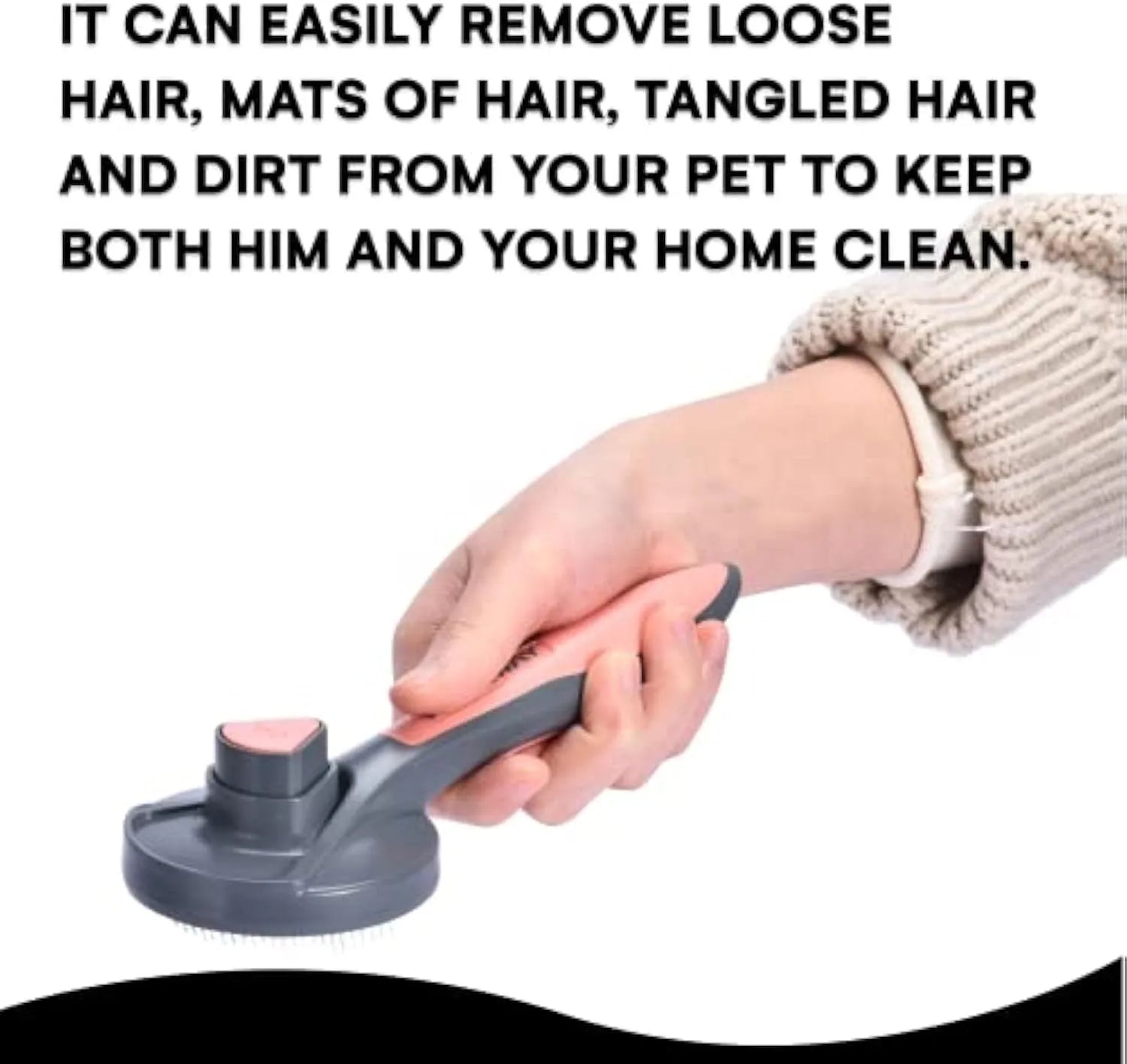 Self-cleaning slicker brush for cats and dogs with massaging bristles and comfort-grip handle