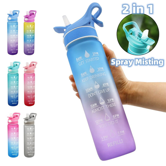 Premium sports water bottle with one-touch open cover, straw, and spray function, made of durable Tritan material in vibrant colors for active lifestyles.
