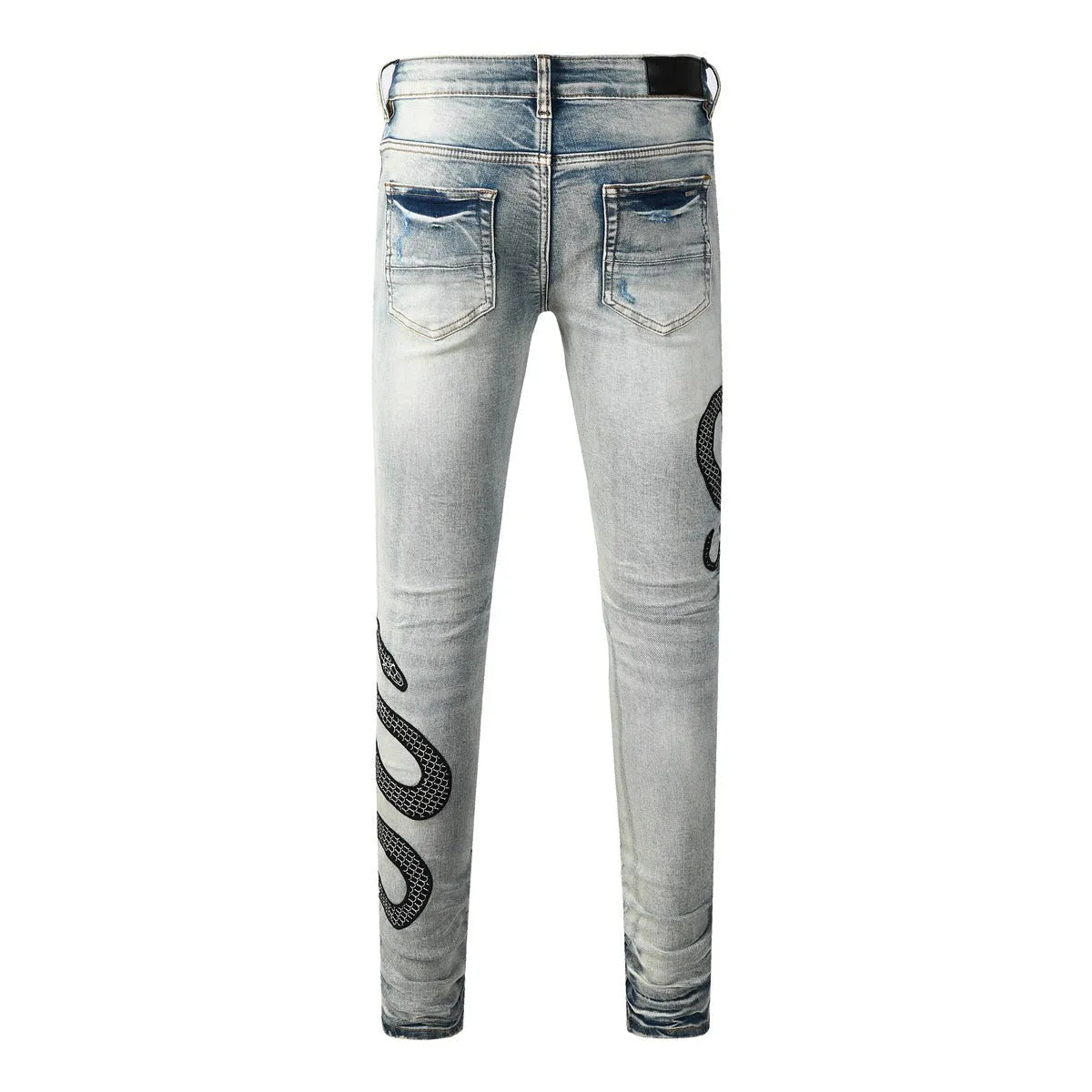Blue distressed skinny jeans with street fashion wash and mid waist design