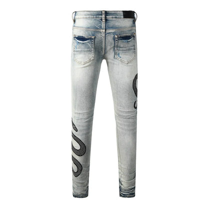 Blue distressed skinny jeans with street fashion wash and mid waist design