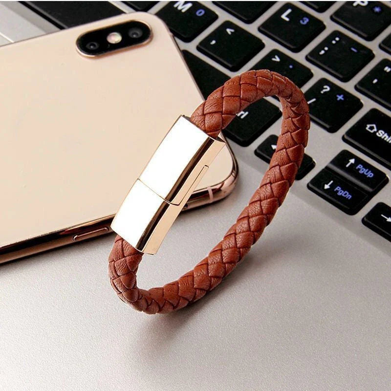 Stylish leather bracelet with built-in charging cable for smartphones and USB-C devices