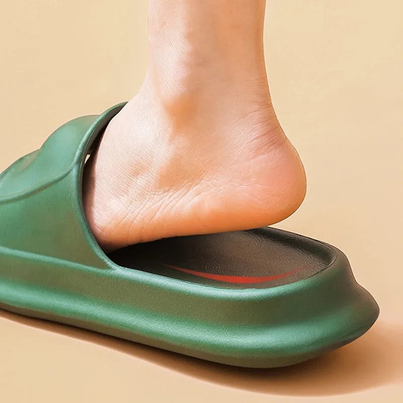 EVA flip-flop slippers with thick sole in multiple colours showing non-slip pattern