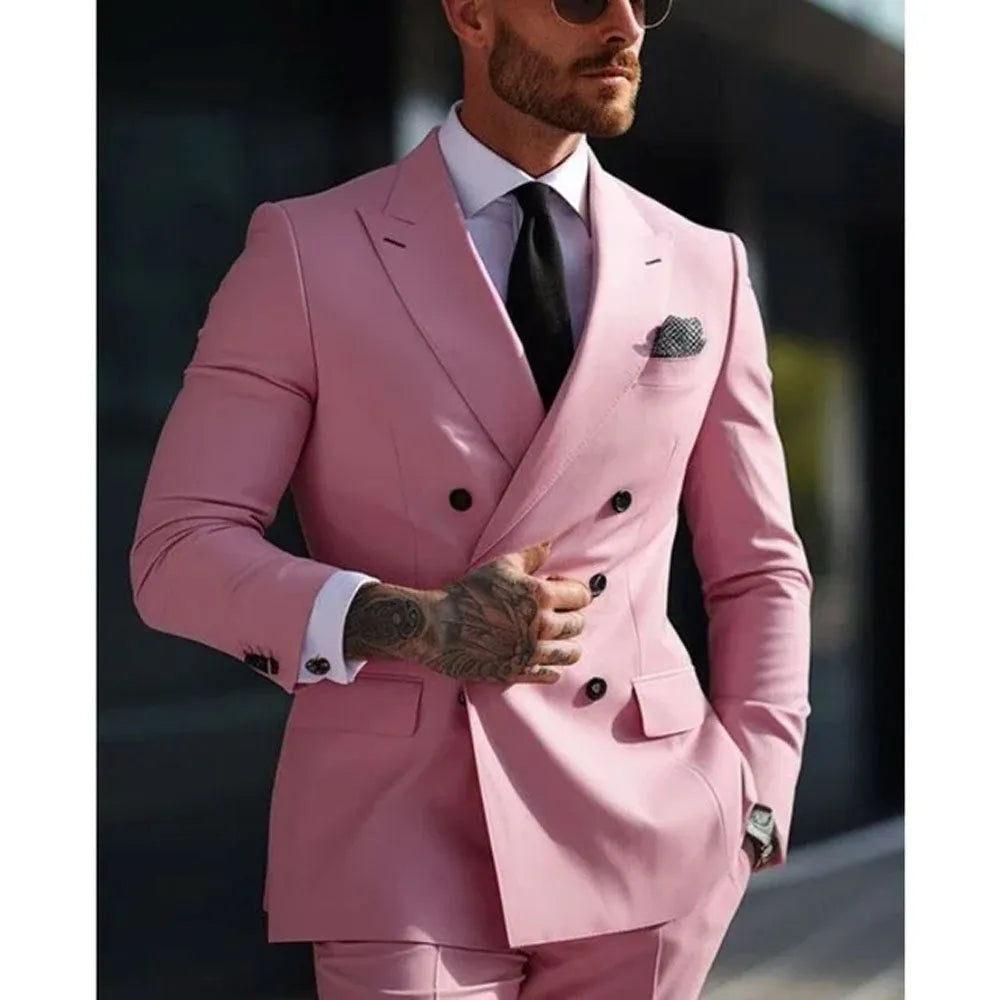 Man wearing a grey Korean-style slim fit two-piece suit with a structured jacket.
