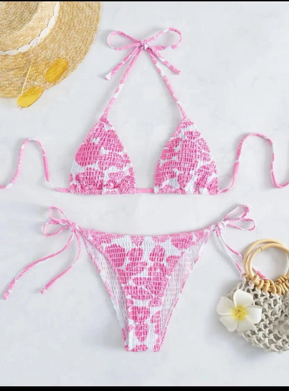 Women's floral halter swimsuit bikini set in multiple colours with brief bottoms