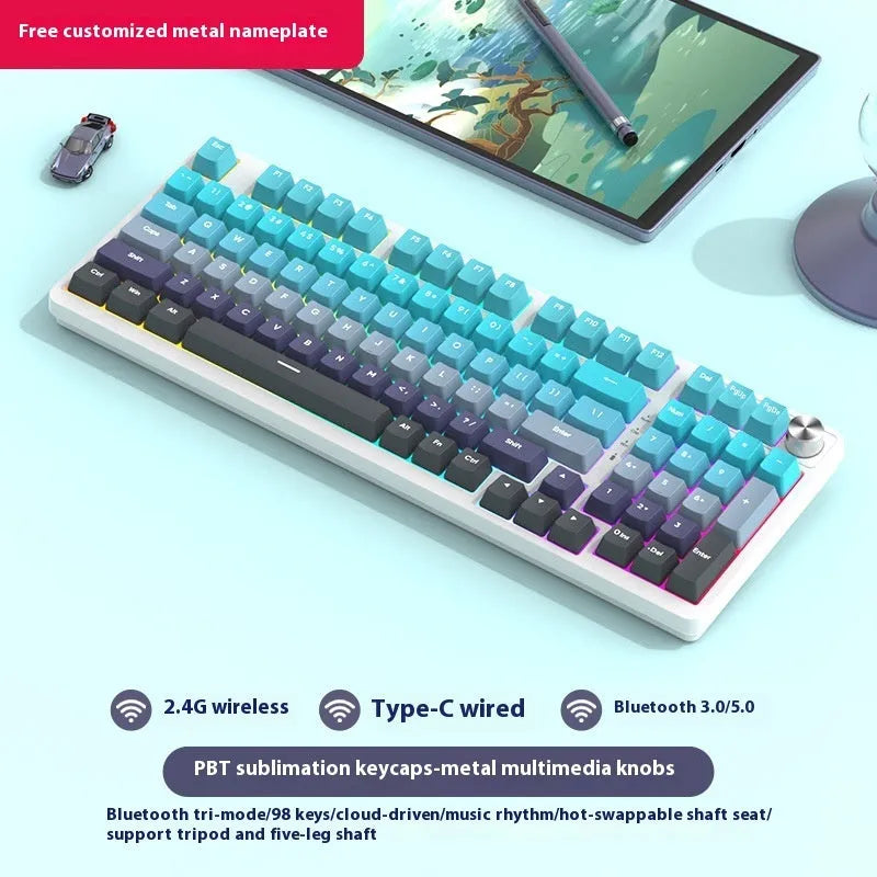98-key wireless mechanical keyboard kit in black or white with optional LED screen and metal knob
