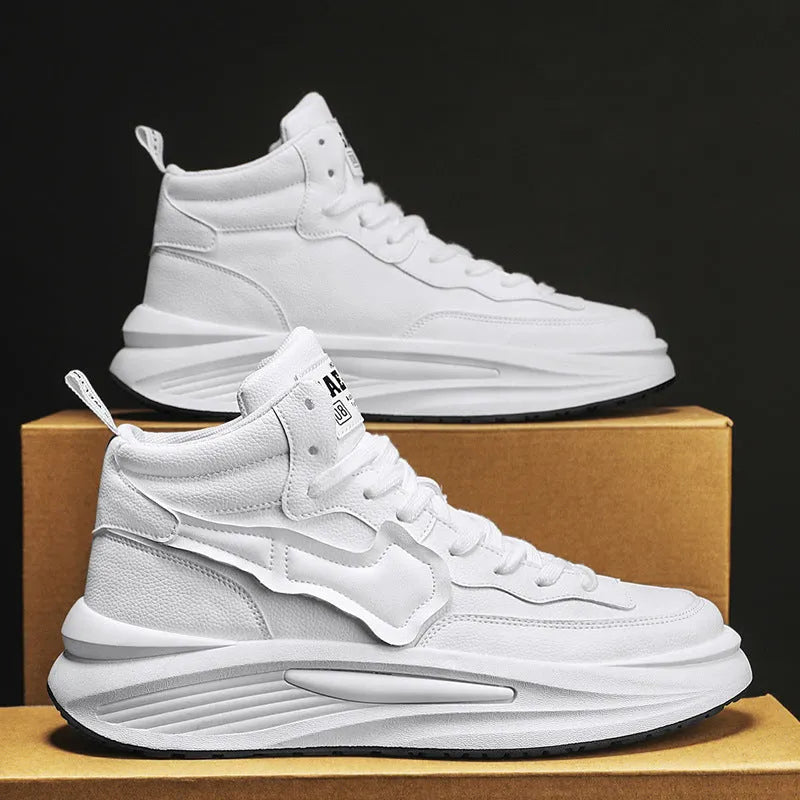 Men's casual platform high-top board shoes in black or white, featuring wear-resistant artificial PU upper and round toe design, available in sizes 39 to 44 for versatile everyday wear