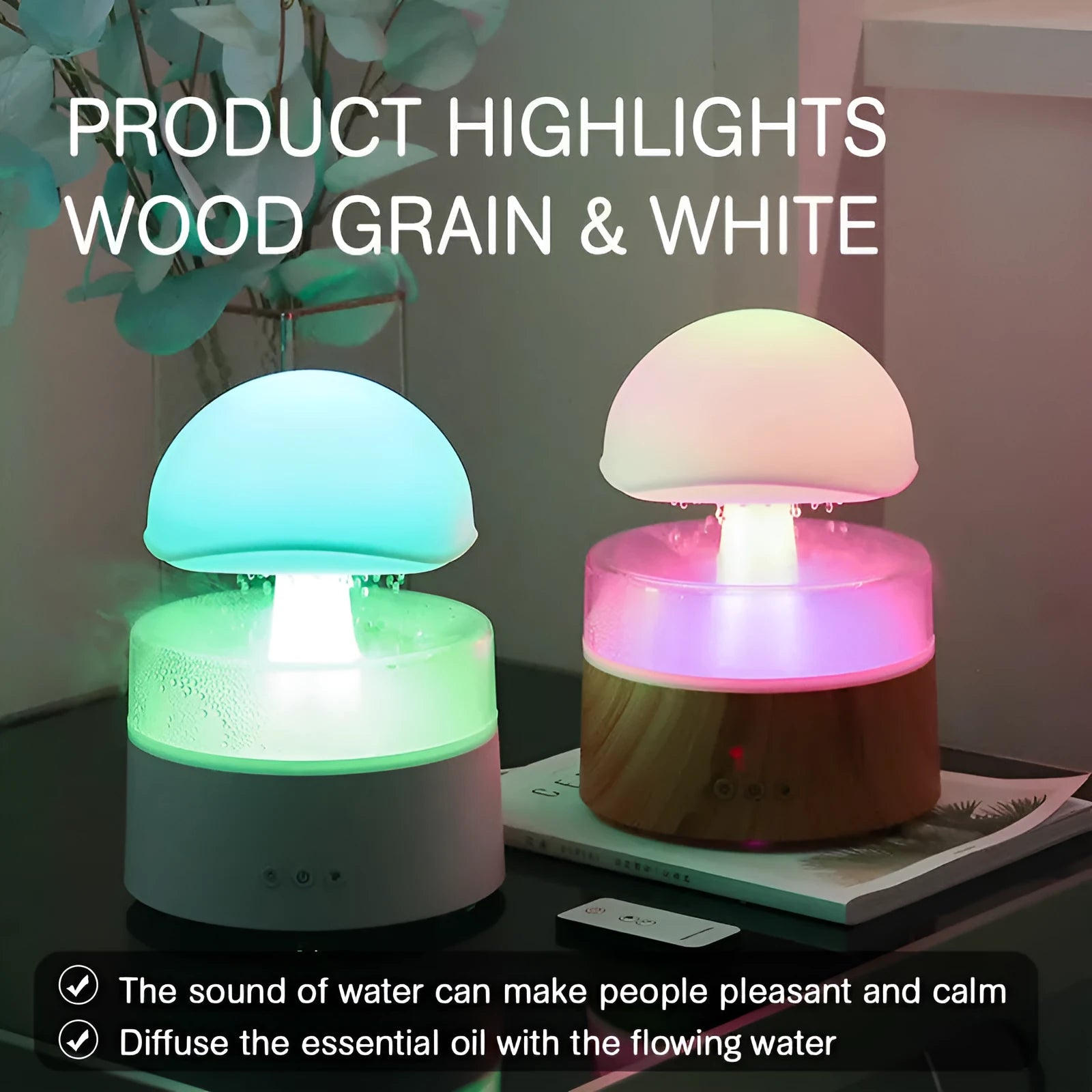 White cloud-shaped humidifier emitting mist with multicoloured LED light and water droplets