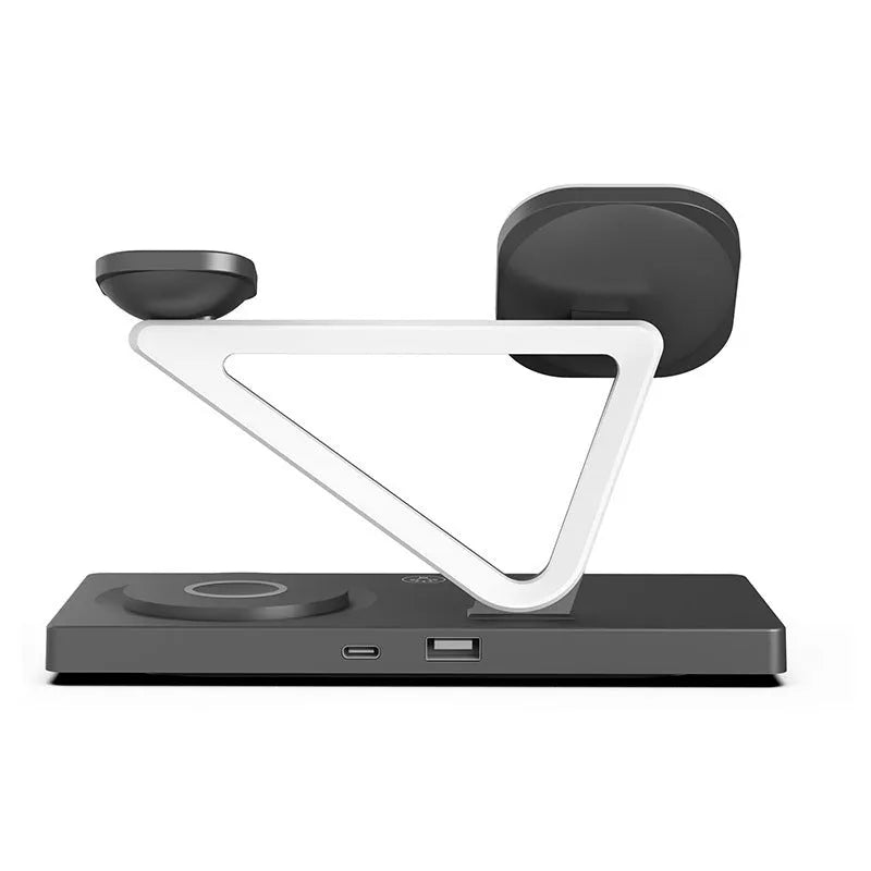 White five-in-one wireless charging night lamp with magnetic phone bracket and circular base.