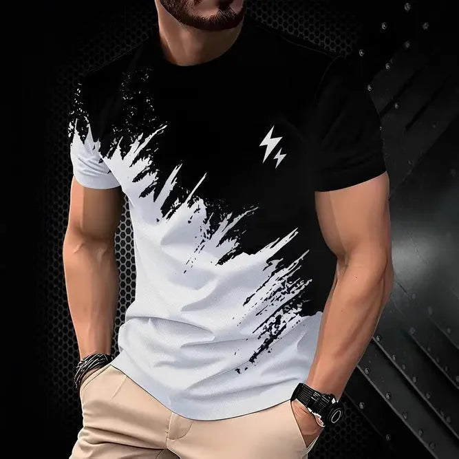 Men's loose fit short sleeve polyester t-shirt shown in available colours: black, gray, white, dark red.