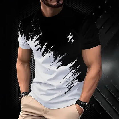 Men's loose fit short sleeve polyester t-shirt shown in available colours: black, gray, white, dark red.