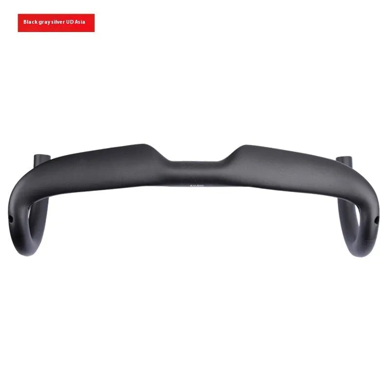 Road bicycle carbon fibre drop handlebar in black, grey, and silver UD finish showing 400mm, 420mm, and 440mm size options.