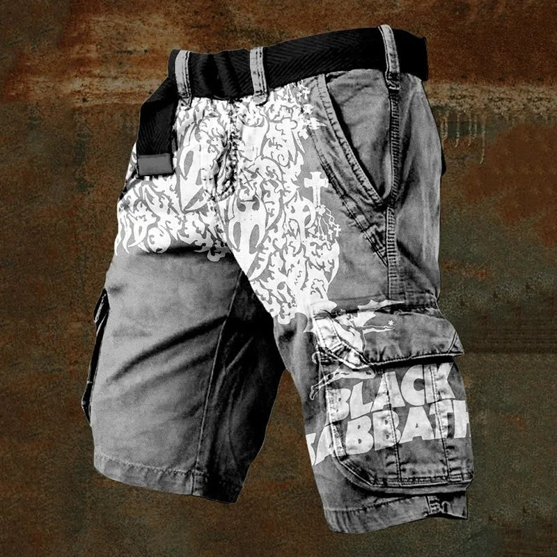 Man wearing grey 3D digitally printed polyester shorts with a zip fastening.