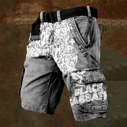 Man wearing grey 3D digitally printed polyester shorts with a zip fastening.