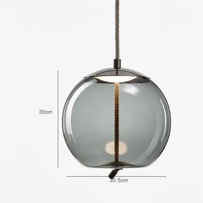 Glass chandelier with twine design, 30cm by 30.5cm, LED warm light, 220V, in amber, water blue, or smoke grey.