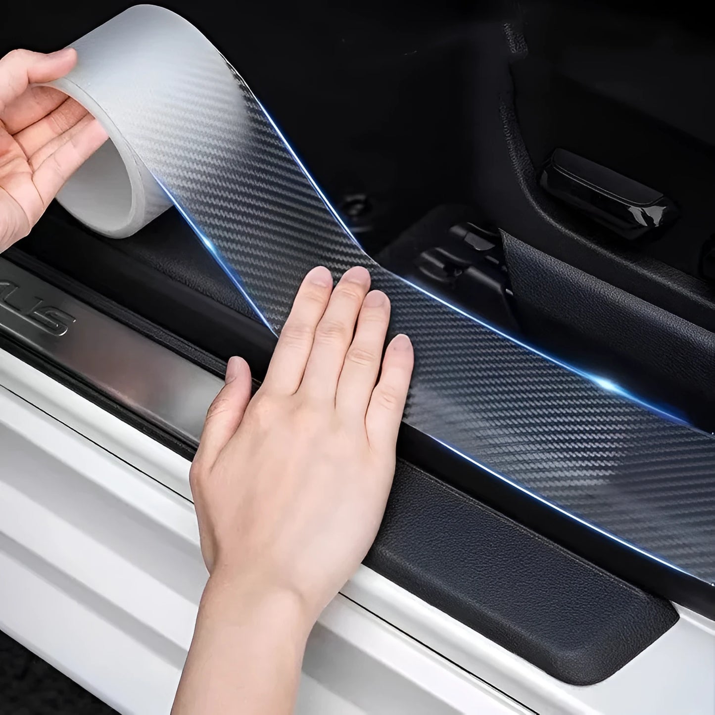 Carbon fibre grain transparent anti-collision protection strip roll for car doors with scraper and utility knife.
