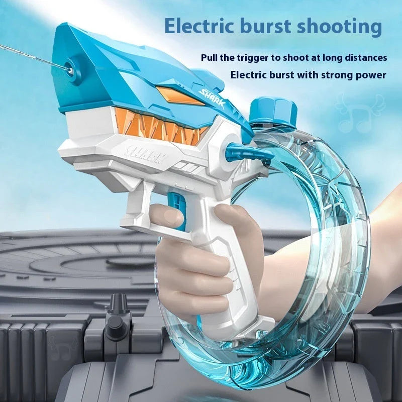 A powerful electric water blaster with a sleek shark design, perfect for summer fun and water battles.