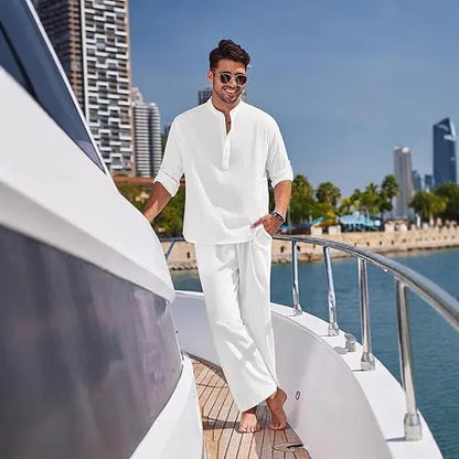 Men's casual cotton suit in a solid colour, featuring a long sleeve top and full-length trousers.