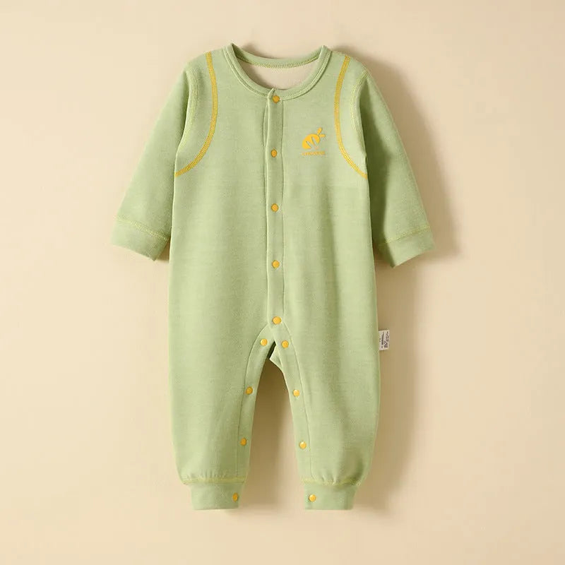 Baby plus velvet warm jumpsuit in polyester, long sleeve, single-breasted, available in six colours and five heights.