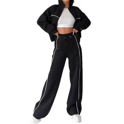 Women's casual suit with long sleeve mock neck hoodie and striped lace-up trousers in apricot colour