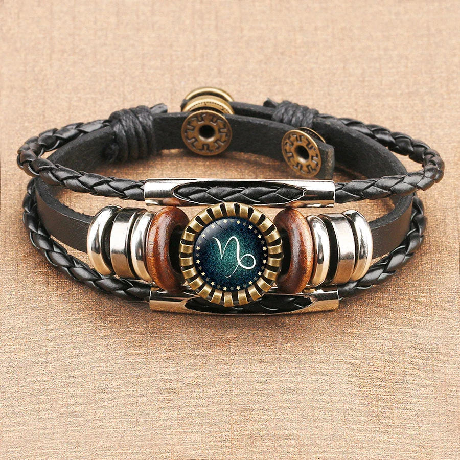 Premium 12-Sign Zodiac Leather Bracelet for Men, featuring captivating glass art and adjustable leather design