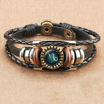 Premium 12-Sign Zodiac Leather Bracelet for Men, featuring captivating glass art and adjustable leather design