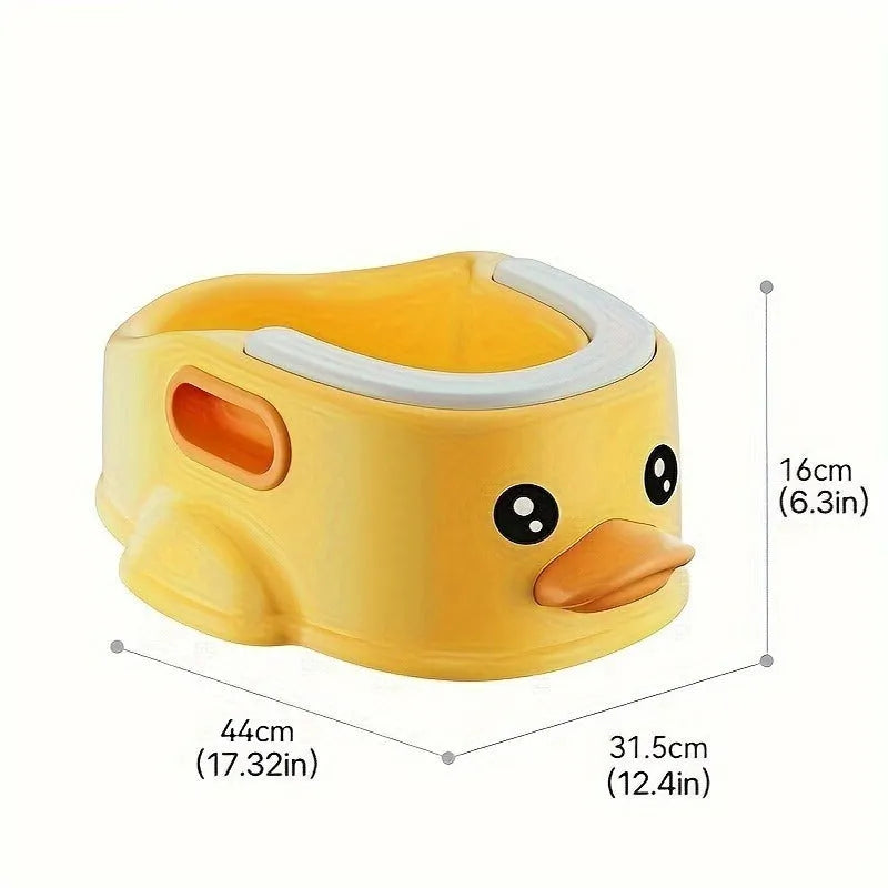 Blue PVC duck-shaped bathtub for washing a small dog, shown on a tiled floor.