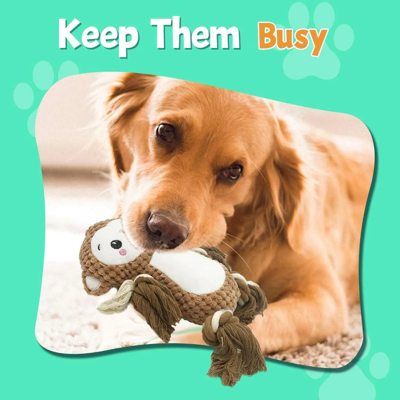 Stuffed squeaky dog toys bundle with plush monkey and lion designs, each featuring an internal squeaker for interactive play, measuring 17x13.5cm and 9x12cm respectively, weighing 123g each, suitable for medium to large dogs under supervision.