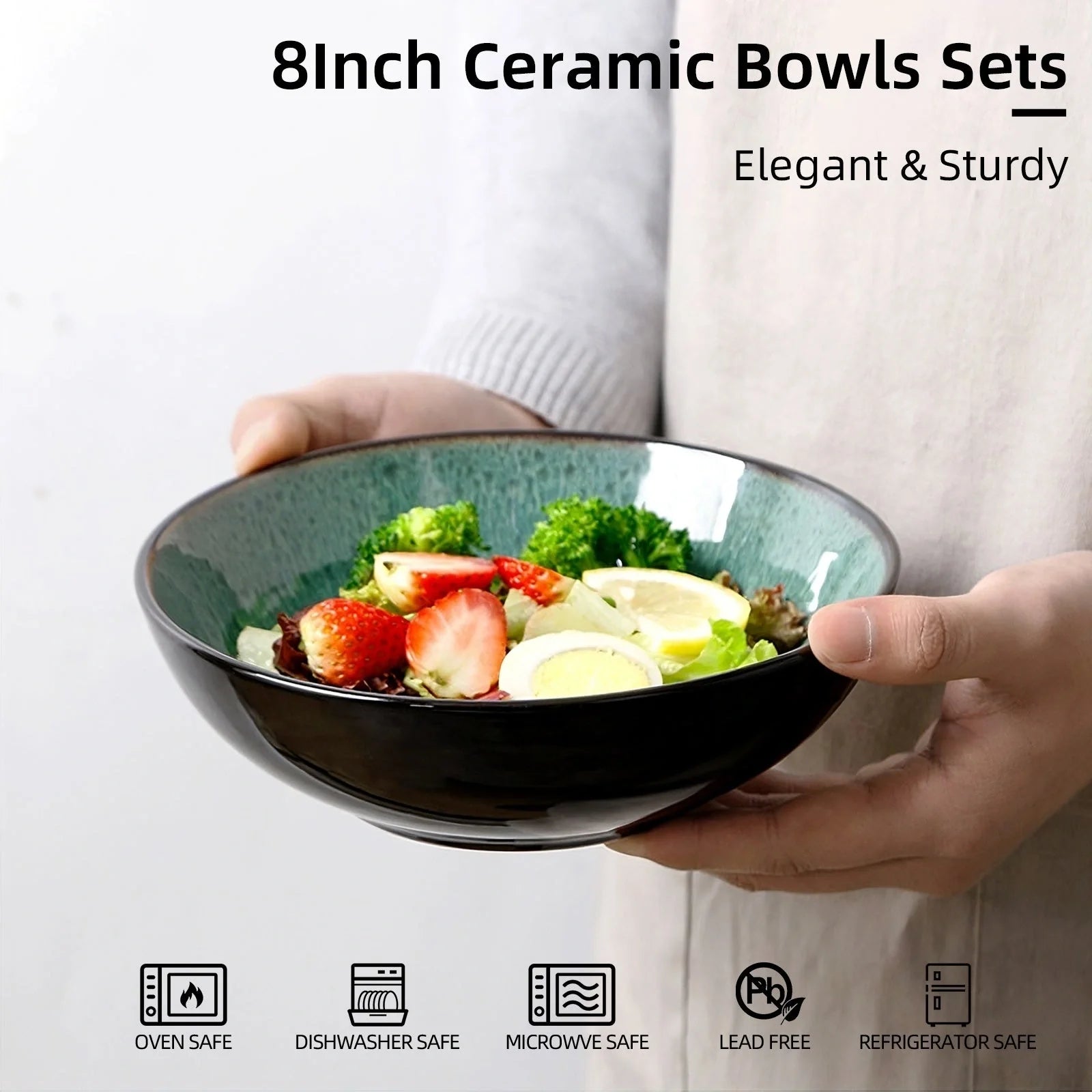 Unique peacock green ceramic bowl set, 30oz each, dishwasher, microwave, and oven safe