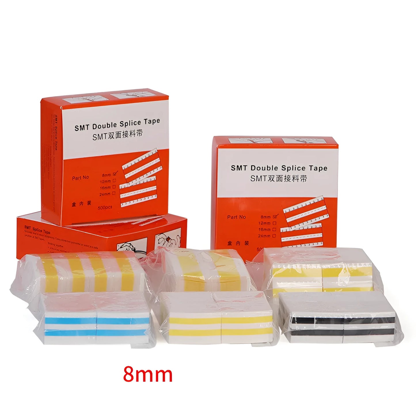 Box of SMT double-sided splicing tape on a factory bench, showing yellow tape in 8mm, 12mm, 16mm and 24mm widths.