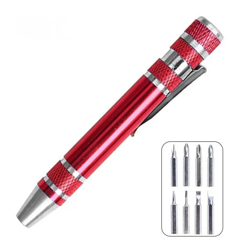 8-in-1 pen-type screwdriver set with aluminium handle and multiple coloured options on a white background.