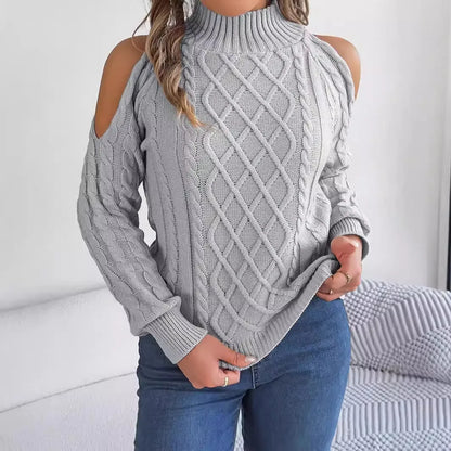 Gray women's acrylic pullover sweater with a strapless high collar, twisted pattern, and long lantern sleeves.