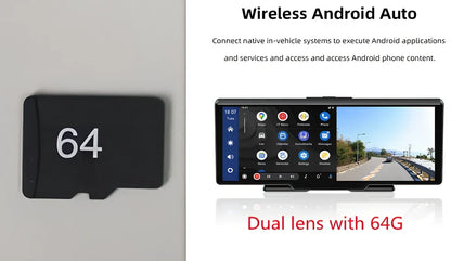 10.26 inch wireless CarPlay car recorder with 140° wide-angle lens on vehicle dashboard