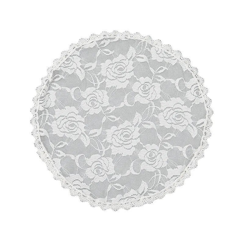 Round white floral polyester head cover accessory for brides measuring 30cm
