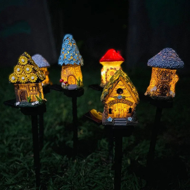 Flower-shaped solar garden light with resin housing for outdoor decorative lighting.