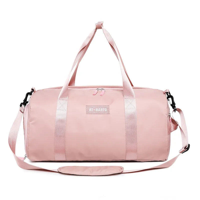 Women's Casual Portable Sports Bag made from nylon with polyester lining for outdoor sports, featuring a beige colour with letter pattern and contrast colour details, capacity below 20 litres suitable for neutral or unisex use.